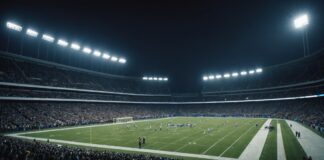 Football américain : la NFL s’installe pour la première fois au Stade de France Stade illuminé de nuit pendant un match de football américain, tribunes pleines