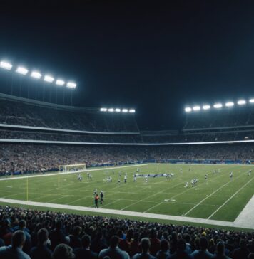 Football américain : la NFL s’installe pour la première fois au Stade de France Stade illuminé de nuit pendant un match de football américain, tribunes pleines