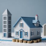 Crédit immobilier : les taux approchent les 4 % alors que les prix reculent Maquette de maison en equilibre sur une courbe financiere ascendante pres d'une facade de banque