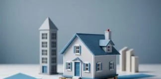Crédit immobilier : les taux approchent les 4 % alors que les prix reculent Maquette de maison en equilibre sur une courbe financiere ascendante pres d'une facade de banque