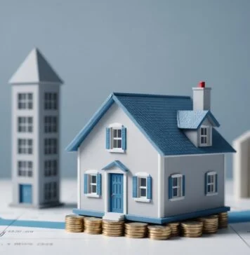 Crédit immobilier : les taux approchent les 4 % alors que les prix reculent Maquette de maison en equilibre sur une courbe financiere ascendante pres d'une facade de banque