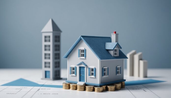 Crédit immobilier : taux en hausse, prix en baisse Maquette de maison en equilibre sur une courbe financiere ascendante pres d'une facade de banque