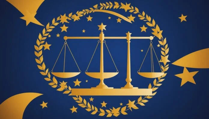 Illustration symbolique de la justice internationale et des institutions européennes