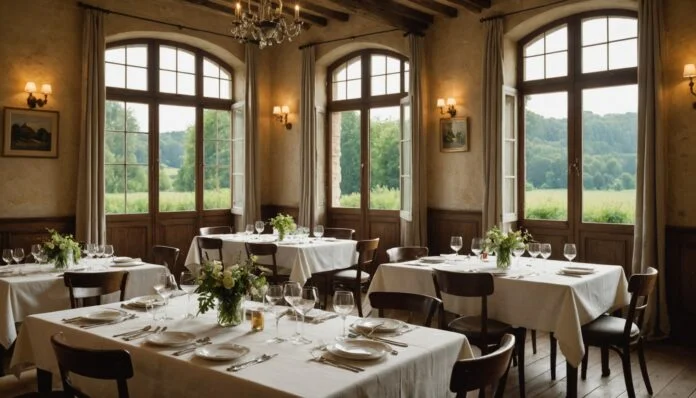 Salle de restaurant gastronomique française Table dressée dans un restaurant gastronomique français à l'ambiance chaleureuse