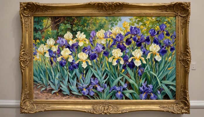 Tableau impressionniste d'iris exposé dans une salle de ventes parisienne Illustration générée par IA d'une toile impressionniste d'iris dans une salle de ventes aux enchères parisienne