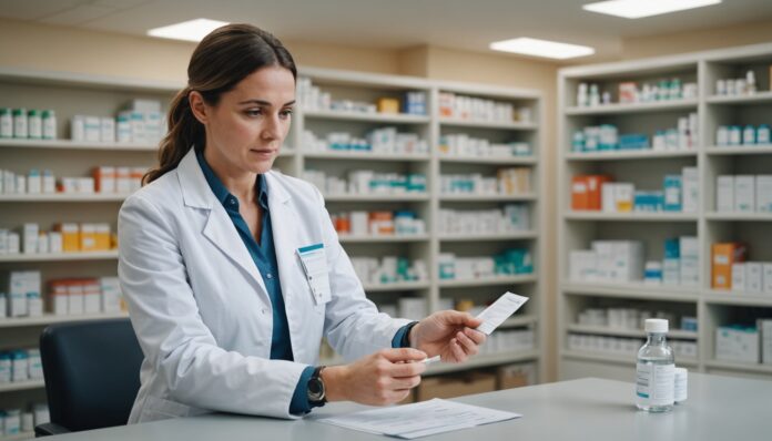 Vaccination contre la grippe en pharmacie Pharmacien remettant un vaccin et une prescription à un patient en pharmacie