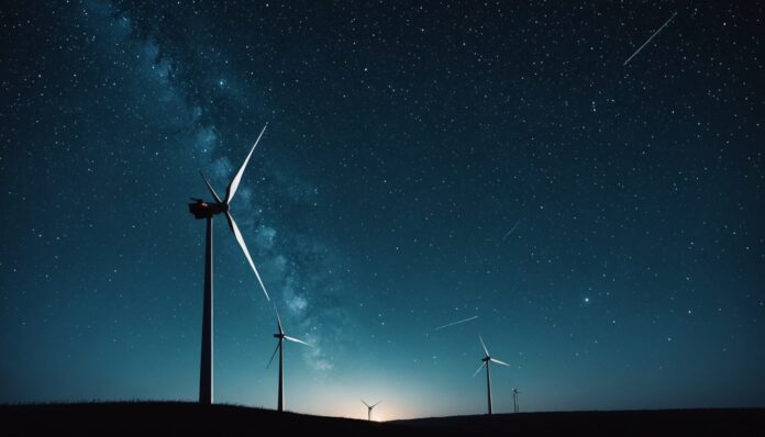 Illustration d'une éolienne de nuit sous un ciel étoilé avec une chauve-souris près des pales