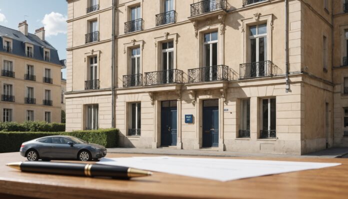 Nouveau bail de location : façade d'immeuble résidentiel et contrat de location Illustration générée par IA d'un immeuble résidentiel et d'un contrat de bail de location