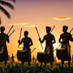 Le Maloya, cette musique née de l’esclavage devenue patrimoine de l’humanité Silhouettes de musiciens et danseurs de Maloya au coucher du soleil sur l'île de La Réunion