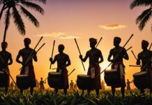 Le Maloya, cette musique née de l’esclavage devenue patrimoine de l’humanité Silhouettes de musiciens et danseurs de Maloya au coucher du soleil sur l'île de La Réunion