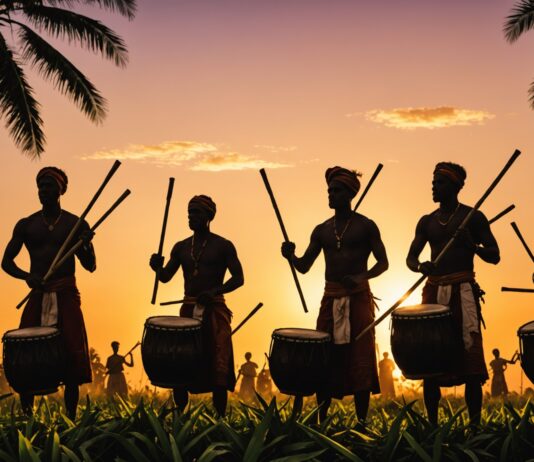 Le Maloya, cette musique née de l’esclavage devenue patrimoine de l’humanité Silhouettes de musiciens et danseurs de Maloya au coucher du soleil sur l'île de La Réunion