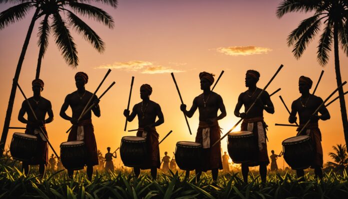 Maloya, musique traditionnelle de La Réunion Silhouettes de musiciens et danseurs de Maloya au coucher du soleil sur l'île de La Réunion
